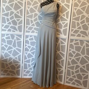 David’s Bridal; One-Shoulder Georgette Cascade Bridesmaid Dress; Size 0; gray